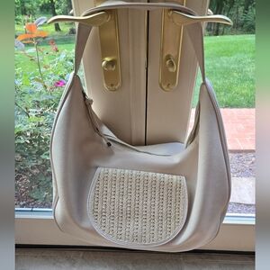 Anthropologie Lrg Shoulder Bag Woven Straw Pocket Vegan Leather Cream Slouchy